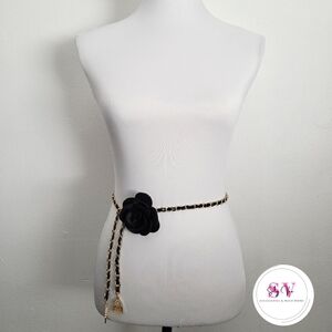 Black And Gold Chain Belt With Flower Decor